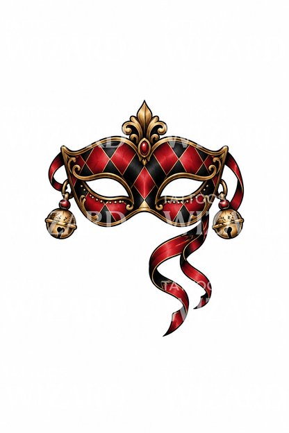 Harlequin Mask with Bells Tattoo Design