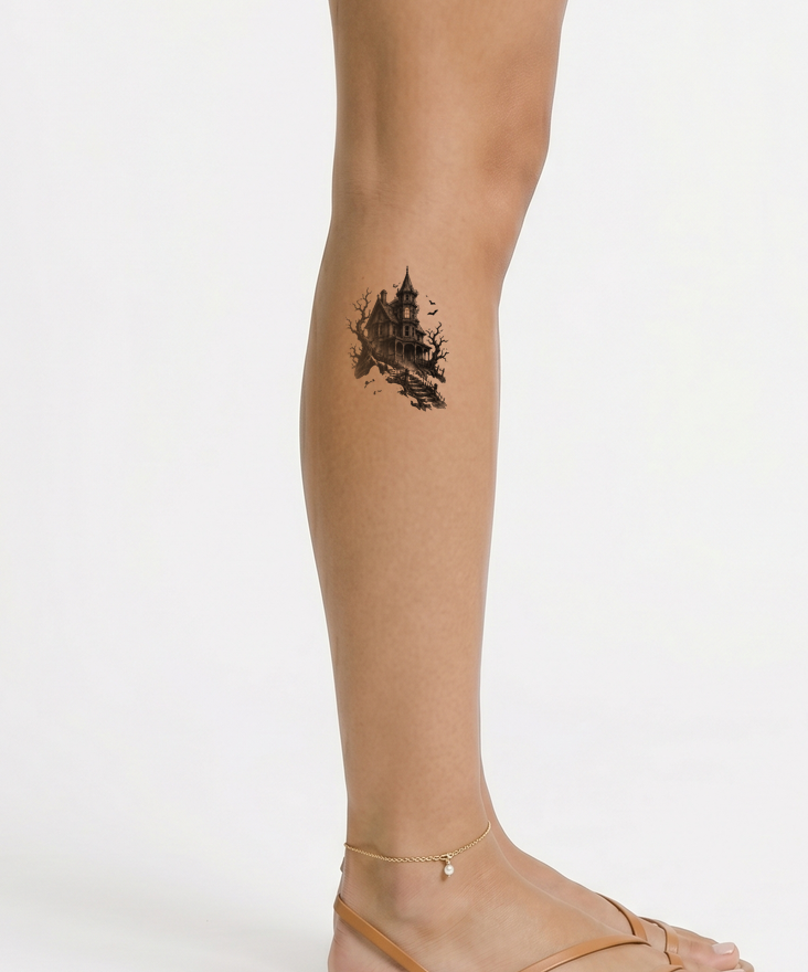 Tatouage maison victorienne hantée sur une colline