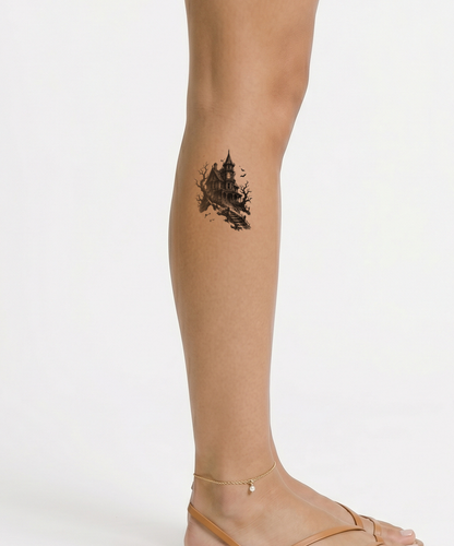 Tatouage maison victorienne hantée sur une colline