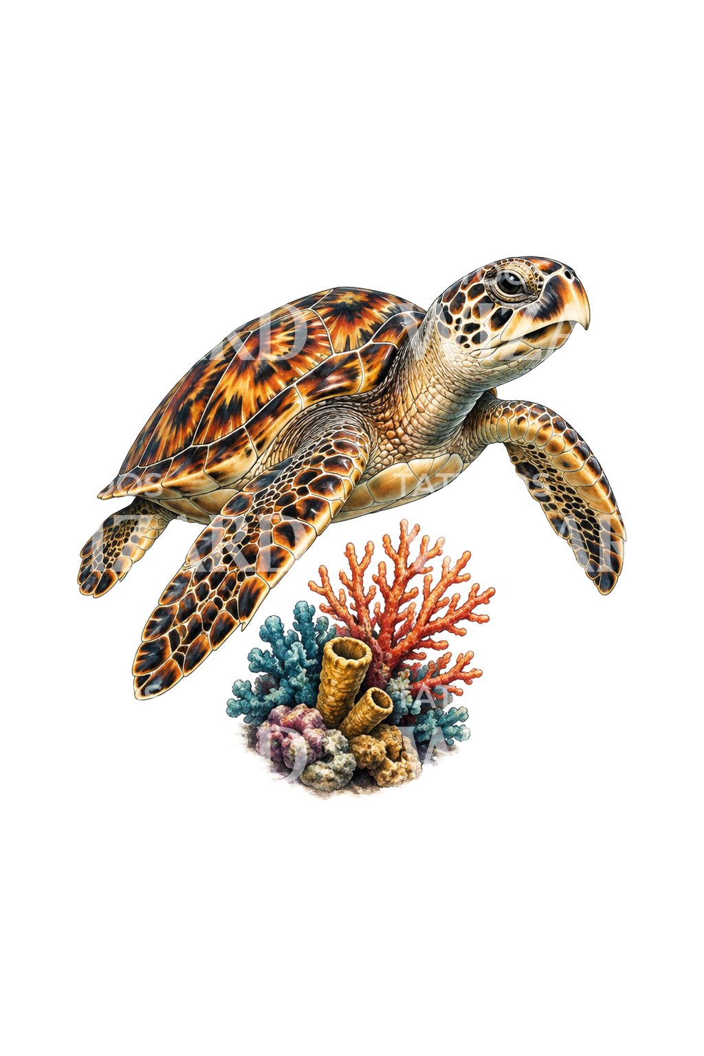 Hawksbill Turtle Over Coral Realism Tattoo Illustration