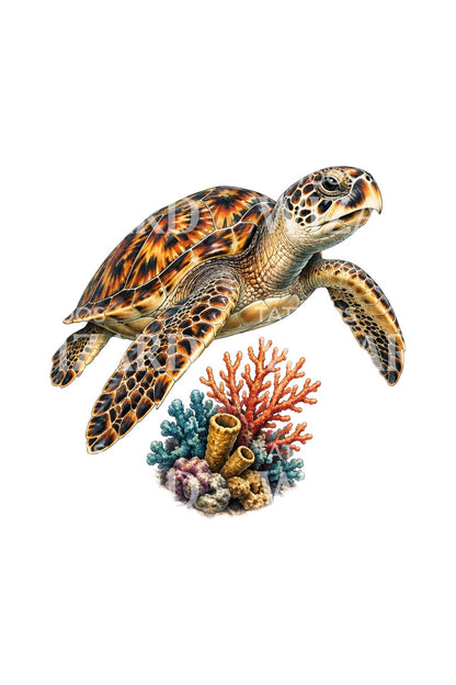 Hawksbill Turtle Over Coral Realism Tattoo Illustration