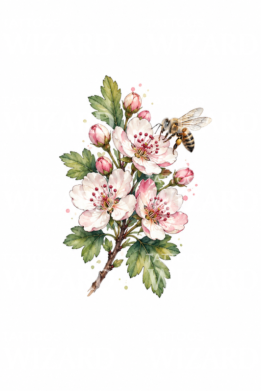 Hawthorn Blossom and Bee Watercolor Tattoo Design