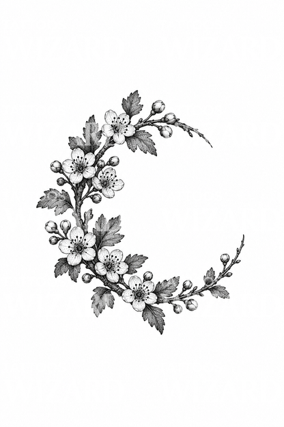 Tatuaż dotwork z kwiatem głogu i półksiężycem