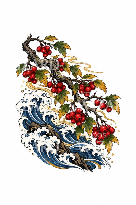 Tatoveringsdesign med hagtorn over japanske bølger