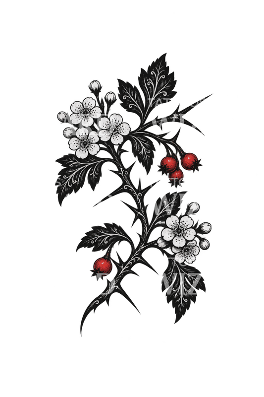 Tatuaje blackwork de rama de espino con flores