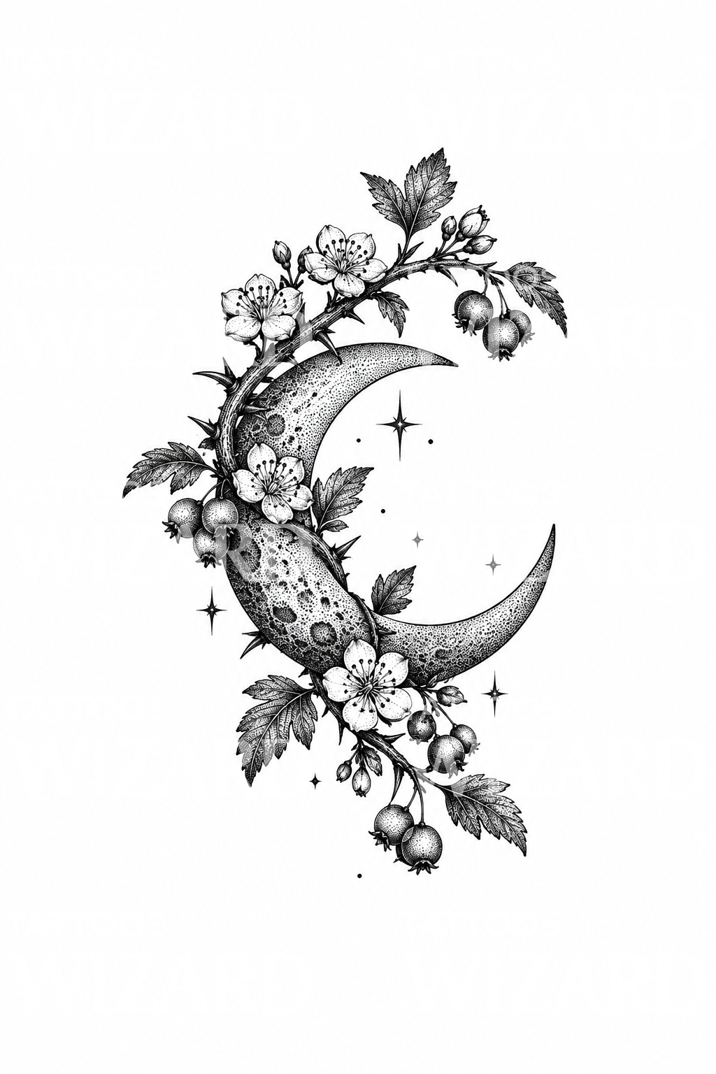 Tatouage d’une branche d’aubépine autour d’un croissant de lune