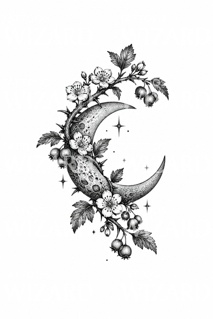 Tatouage d’une branche d’aubépine autour d’un croissant de lune