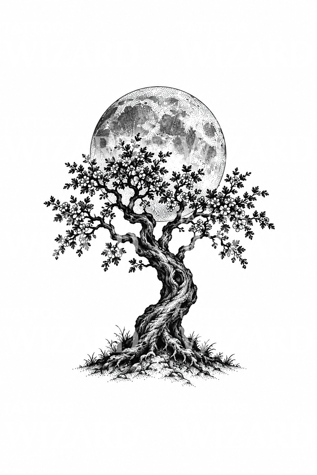 Dotwork tetování hlohového pohádkového stromu za úplňku