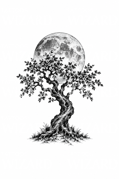 Dotwork tetování hlohového pohádkového stromu za úplňku