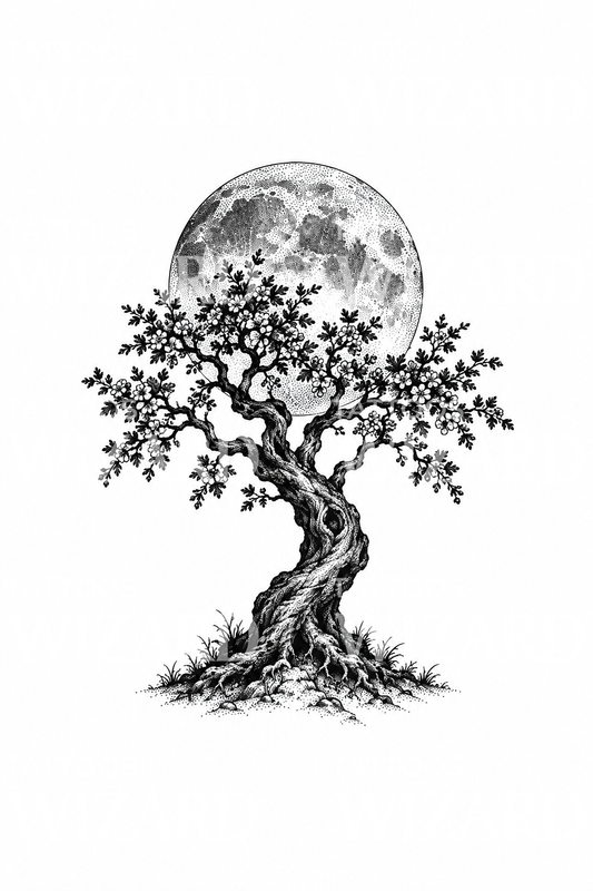 Tatuaje dotwork de un árbol de hadas de espino bajo la luna llena
