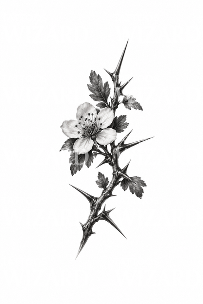 Hawthorn Thorn Branch with Single Blossom Black and Grey Tattoo