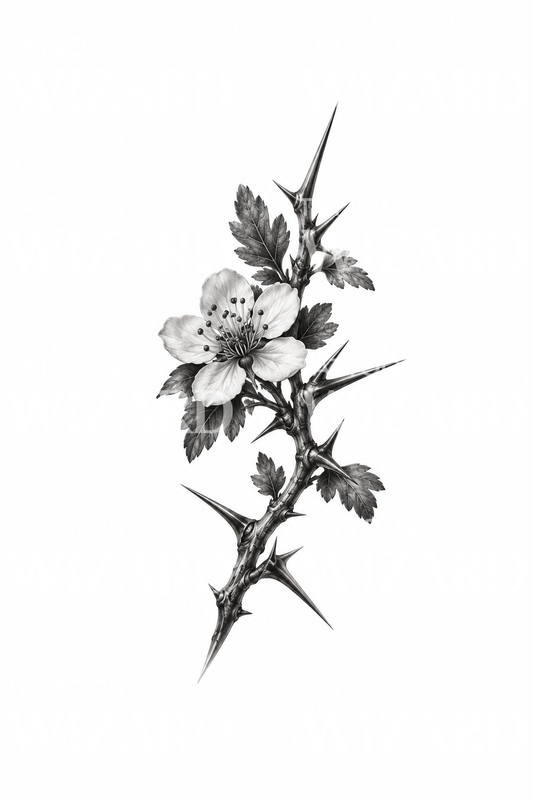 Hawthorn Thorn Branch with Single Blossom Black and Grey Tattoo