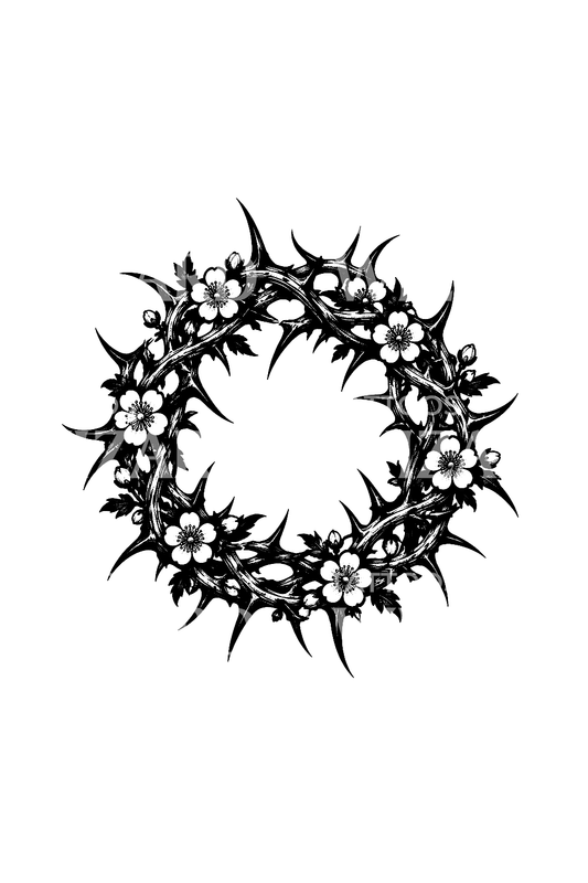 Tatuaggio blackwork di corona di biancospino con fiori