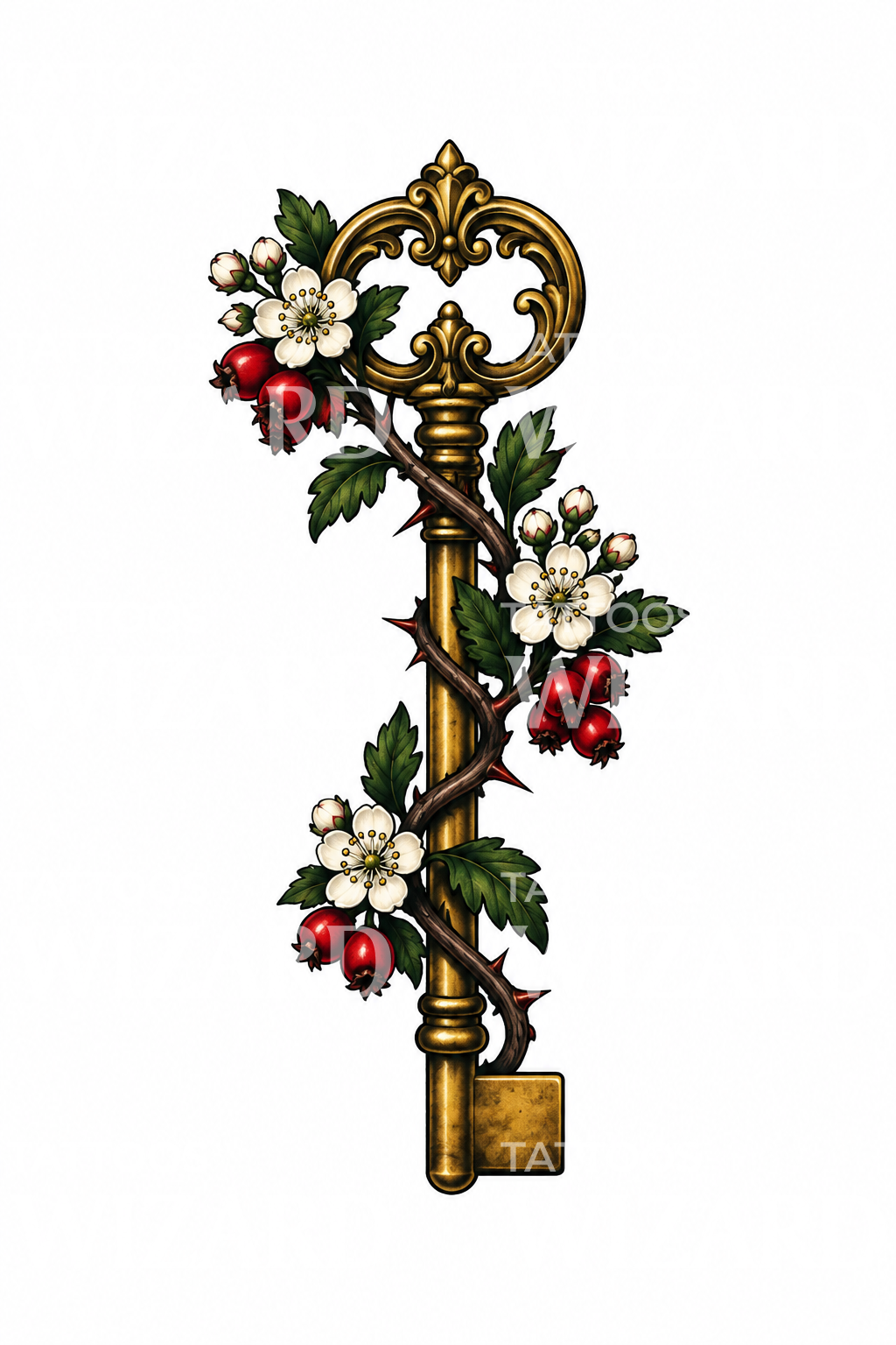 Hawthorn Wrapped Antique Key Tattoo Design