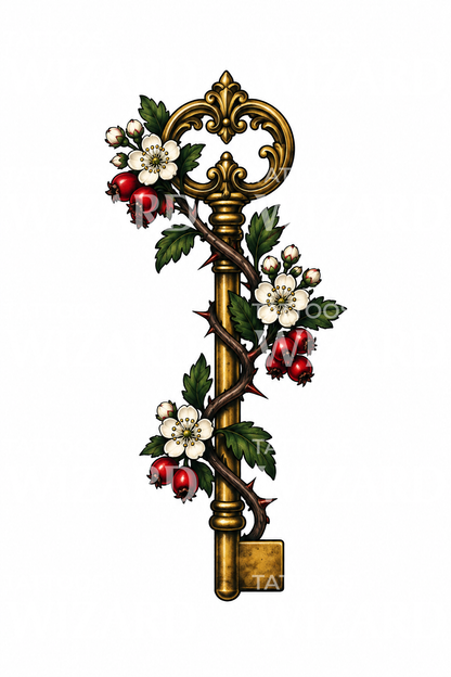 Hawthorn Wrapped Antique Key Tattoo Design