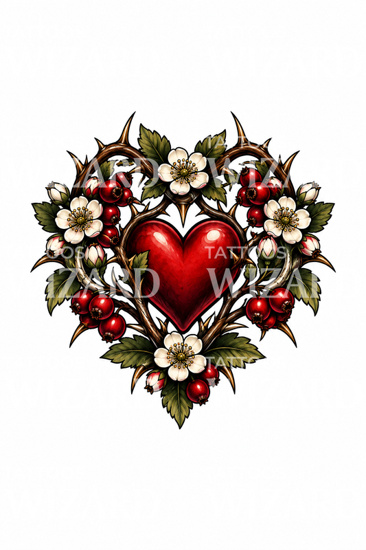 Hawthorn Wreath Red Heart Tattoo Design