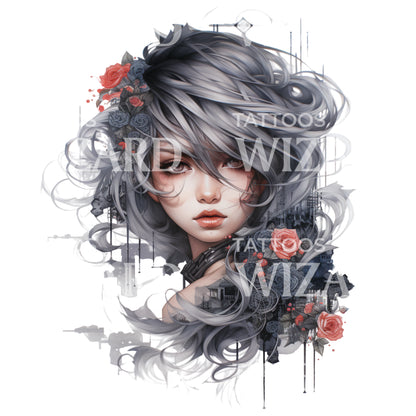 Anime Girl with Grey Hair Tattoo Design