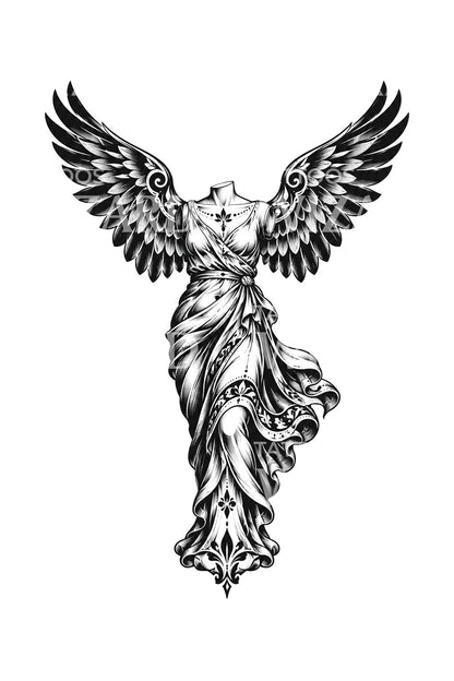 Blackwork-Tattoo-Illustration der kopflosen Nike von Samothrake
