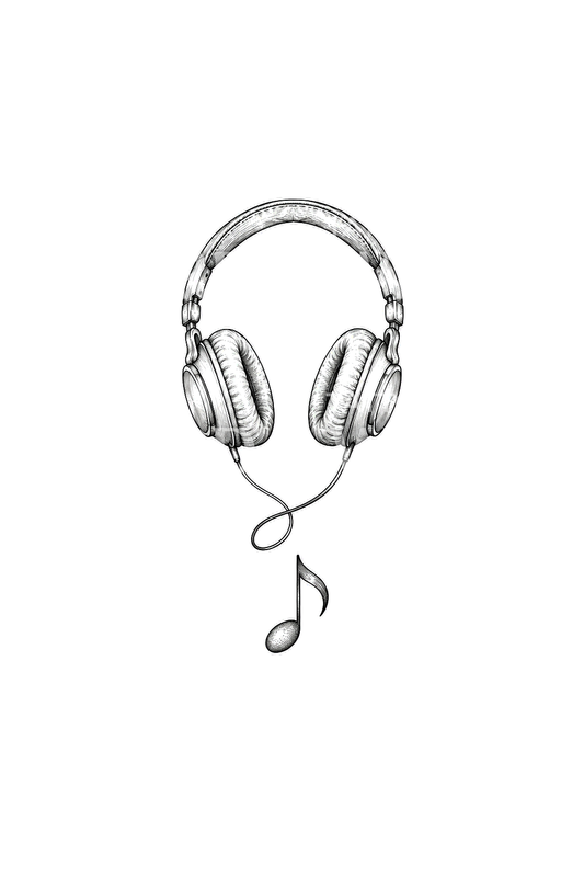 Headphones with Music Note Fine Line Tattoo