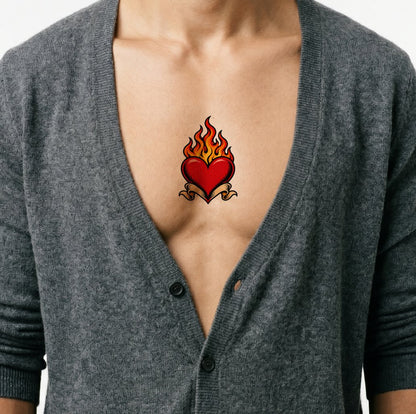 Perinteinen liekehtivän sydämen tatuointi-idea