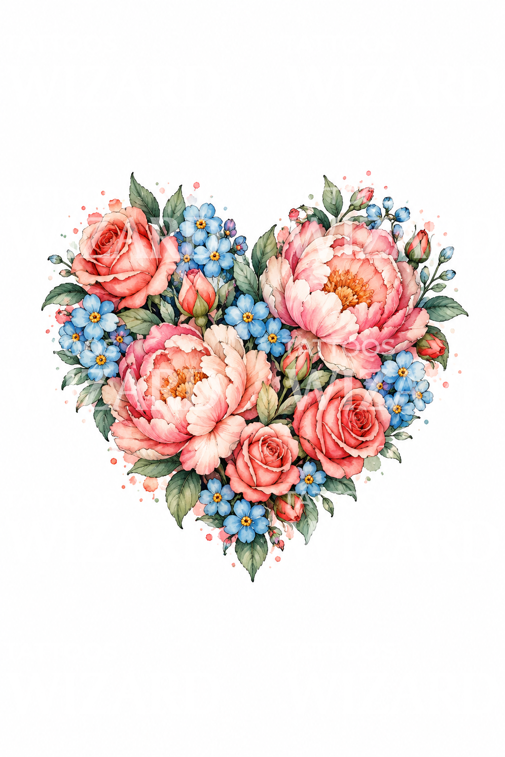 Heart of Roses and Peonies Watercolor Tattoo