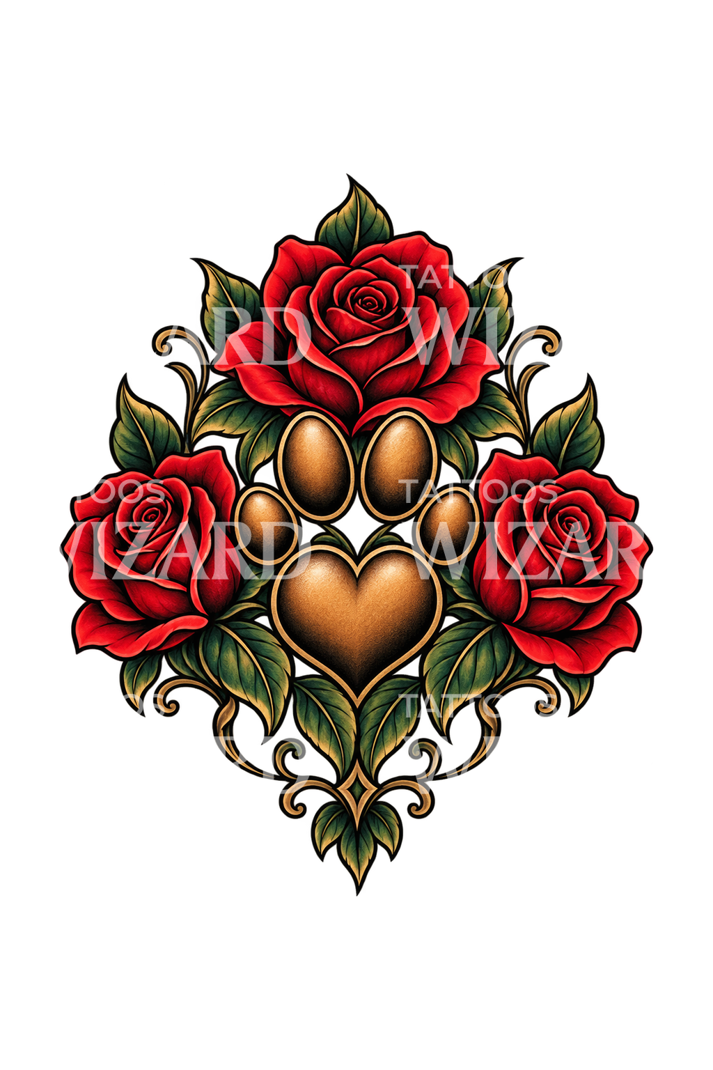 Desenho de tatuagem de pegada em forma de coração com rosas vermelhas