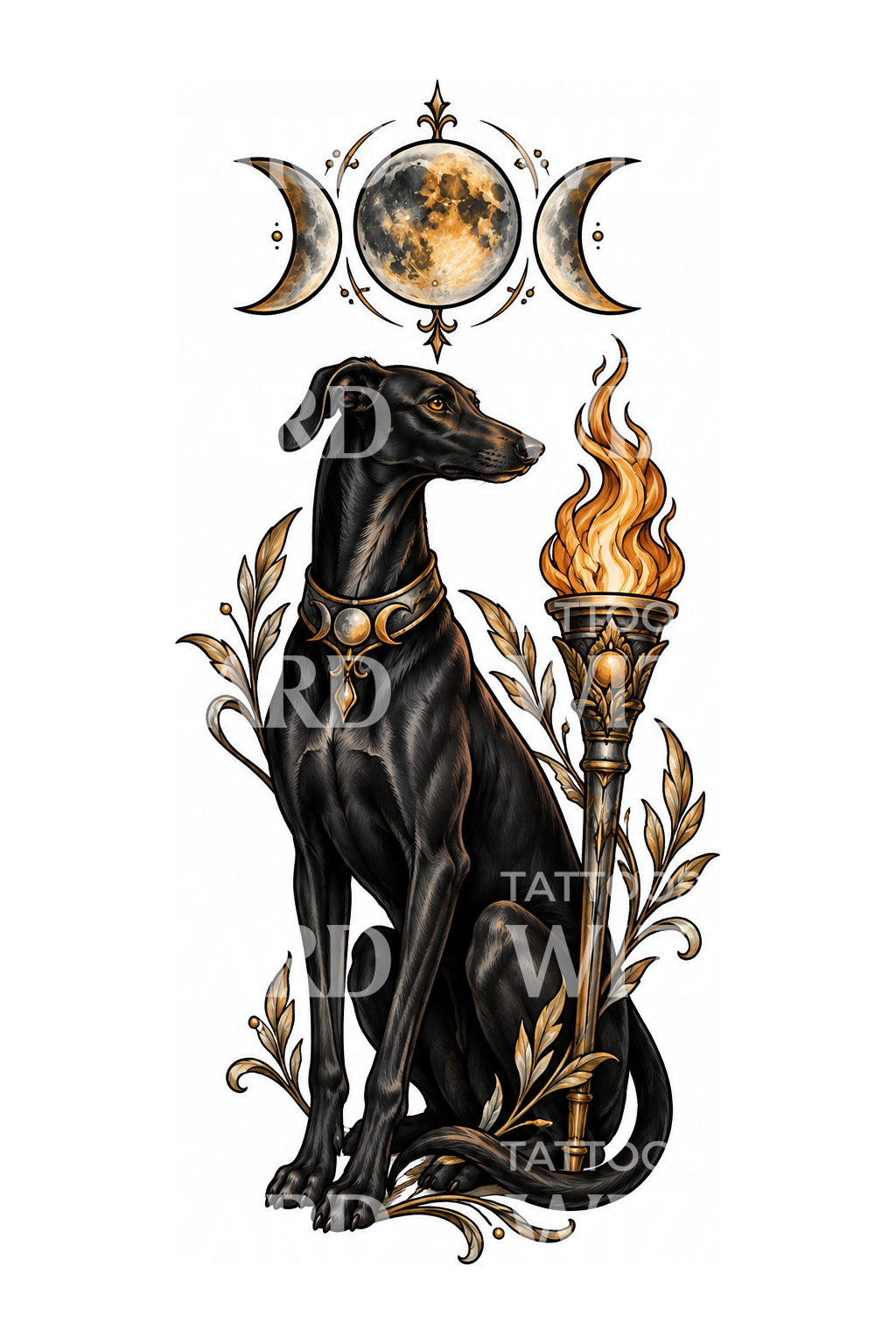 Hecate Black Hound with Triple Moon and Torch Tattoo