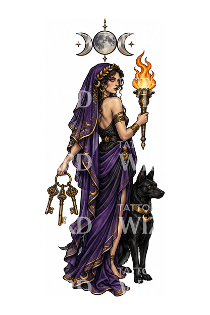 Hecate Goddess with Keys Torch and Black Dog Tattoo