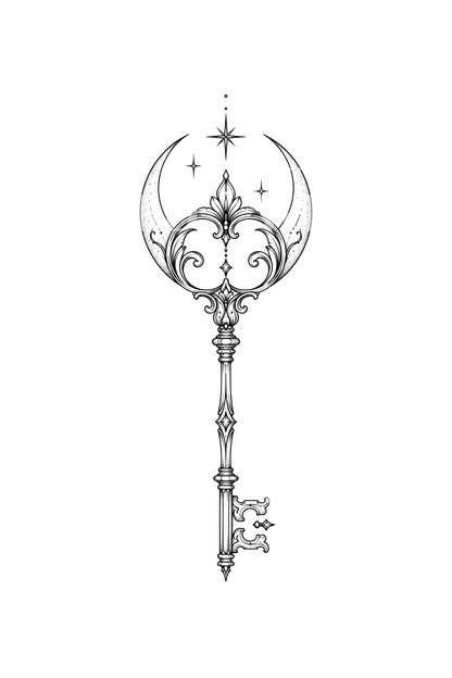 Tatuaż fine line z kluczem Hekate i sierpem księżyca
