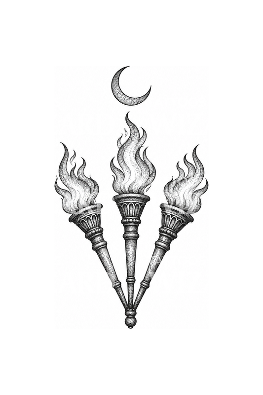 Hecate Three Torches and Moon Tattoo Idea