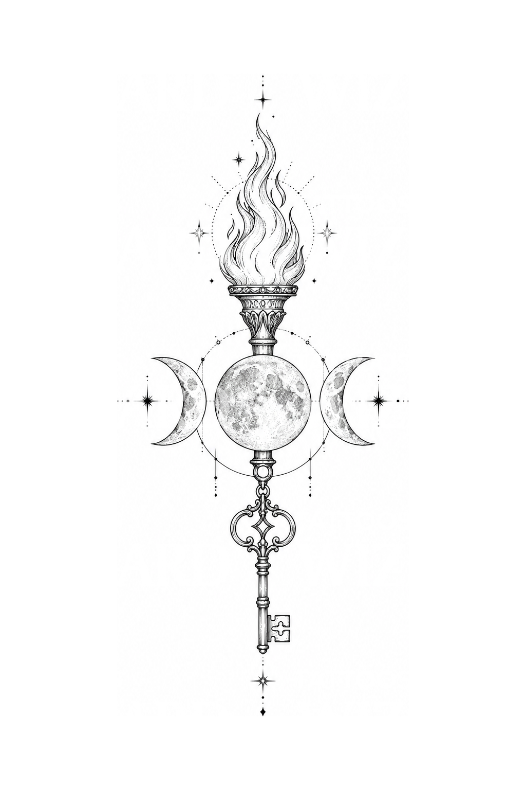 Hecate Triple Moon Torch and Key Tattoo Idea