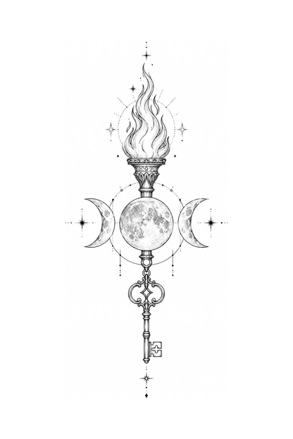 Hecate Triple Moon Torch and Key Tattoo Idea