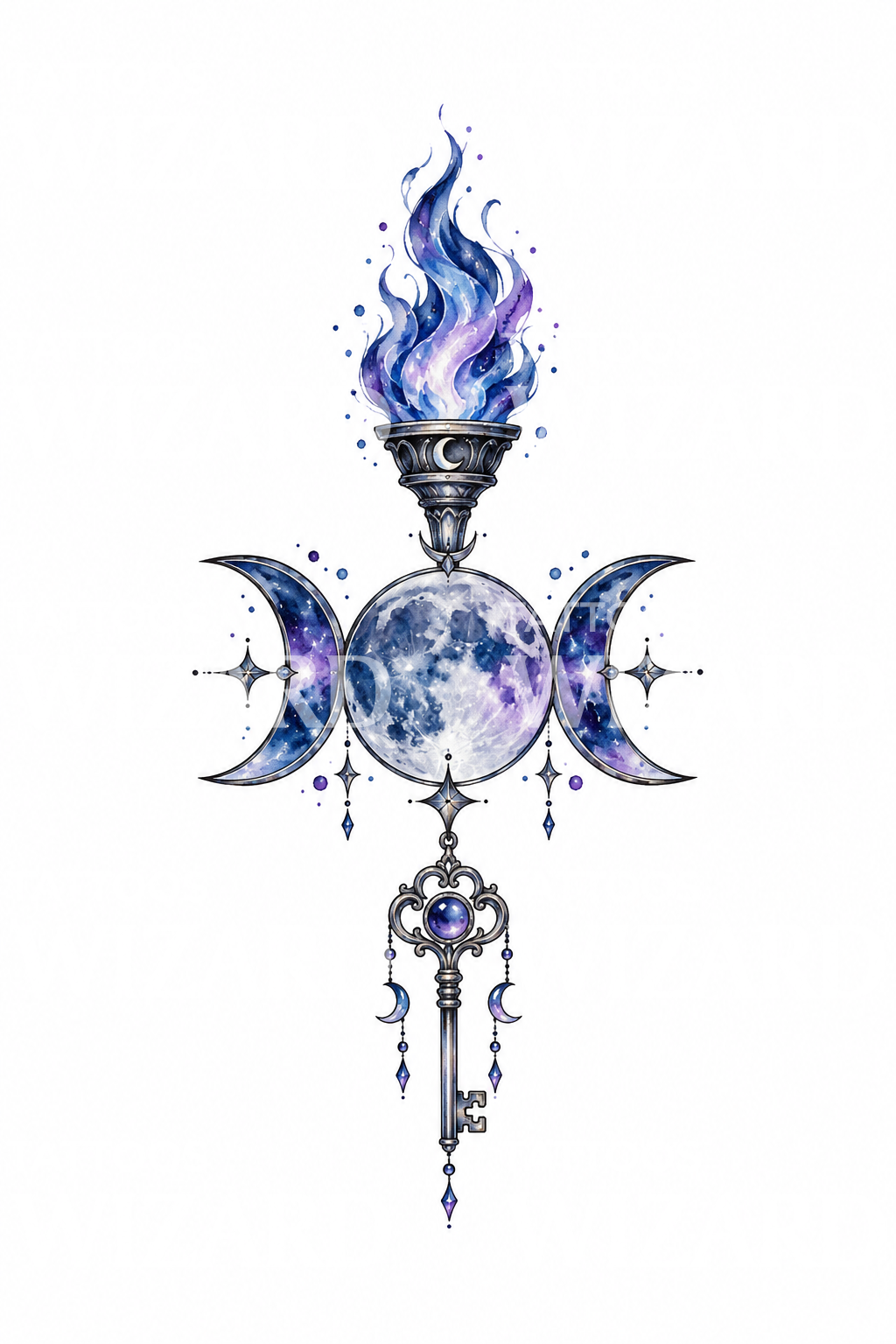 Hecate Triple Moon Torch and Key Watercolor Tattoo Design