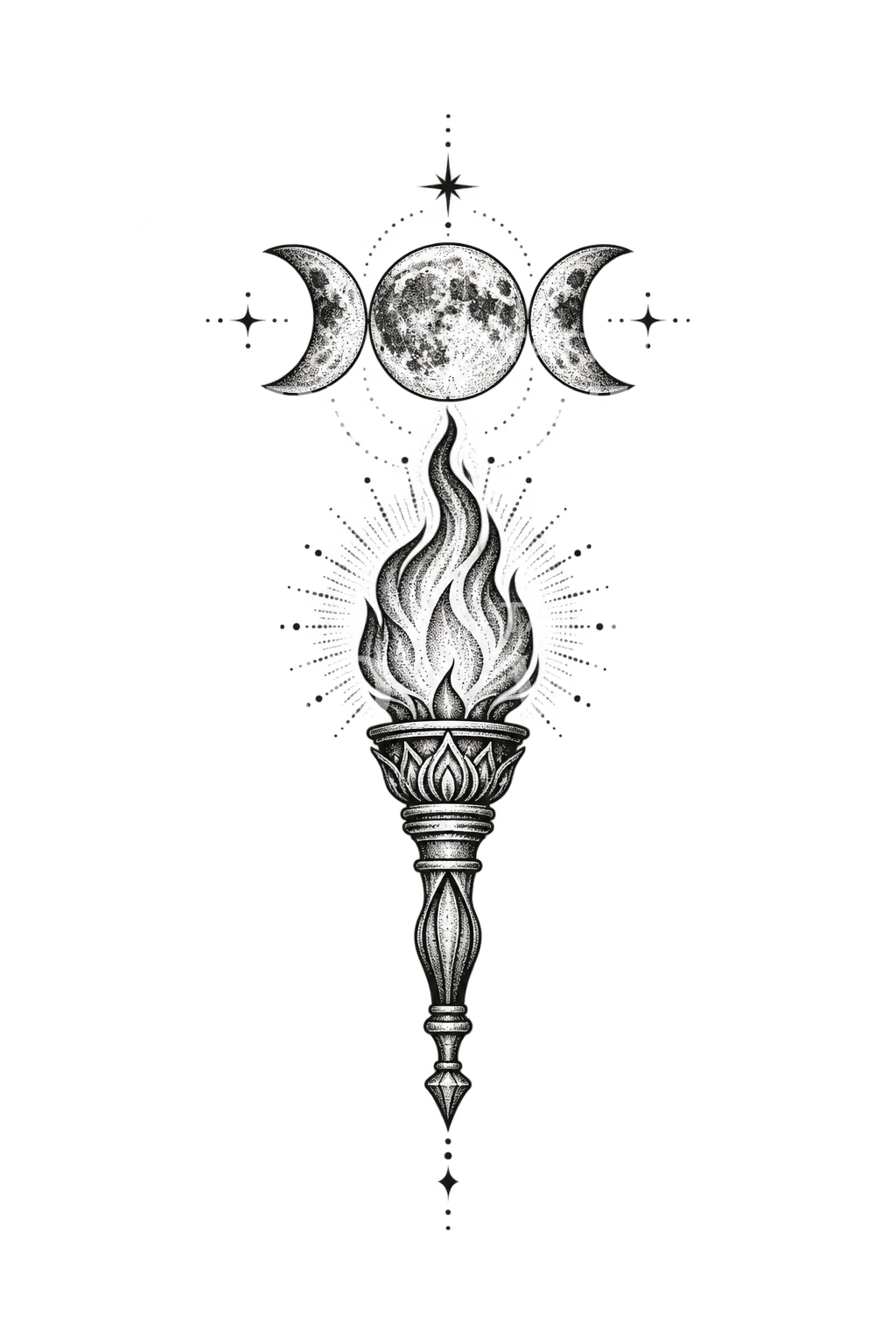 Dotwork tetování trojitého Měsíce Hekaté s hořící pochodní