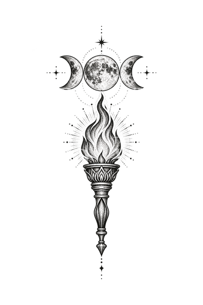 Dotwork tetování trojitého Měsíce Hekaté s hořící pochodní
