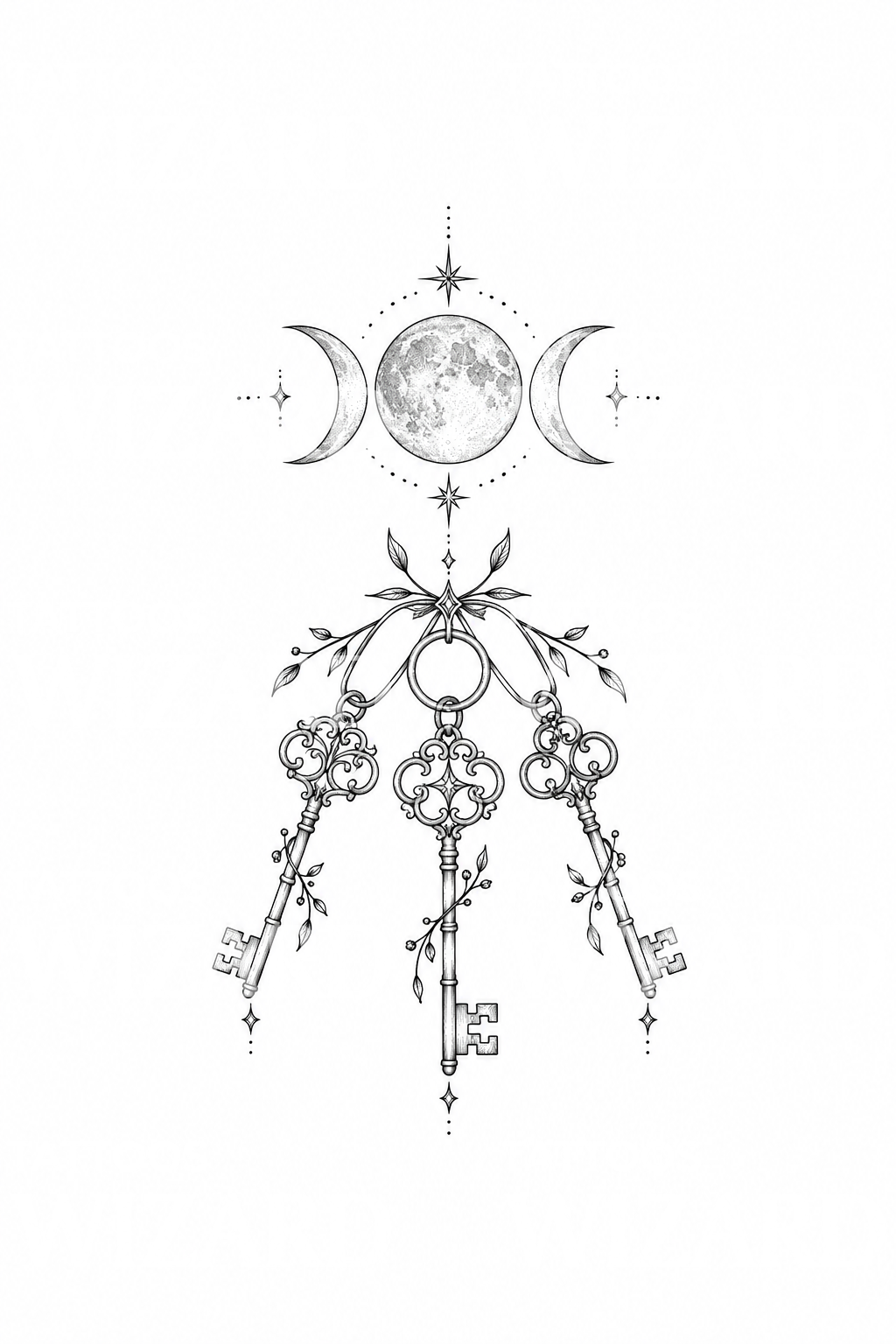 Hekate med trippelmåne og tre nøkler, finlinjetatovering