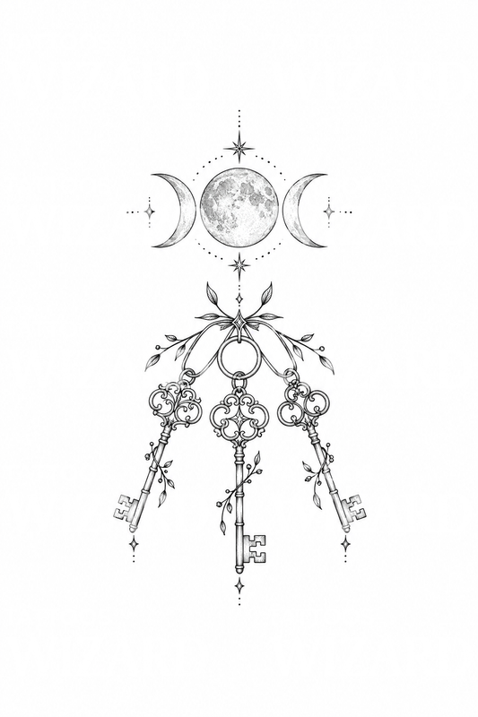 Hecate Triple Moon with Three Keys Fine Line Tattoo