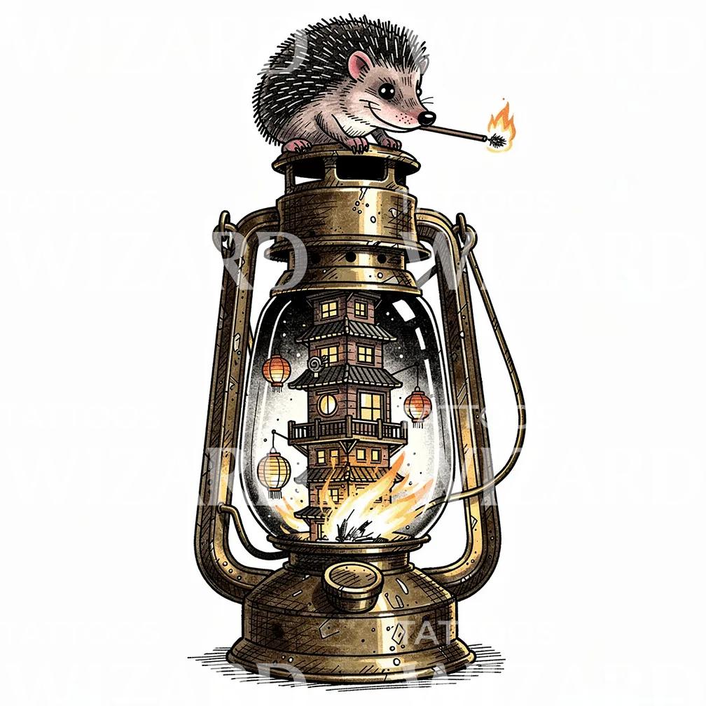 Hedgehog Lantern Pagoda Tattoo Design