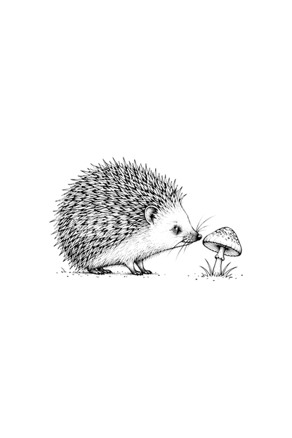 Tatuaggio fine line di un riccio che annusa un piccolo fungo