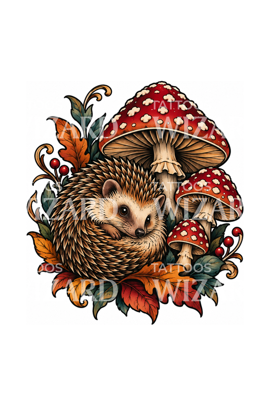 Hedgehog with Red Toadstools Tattoo Design