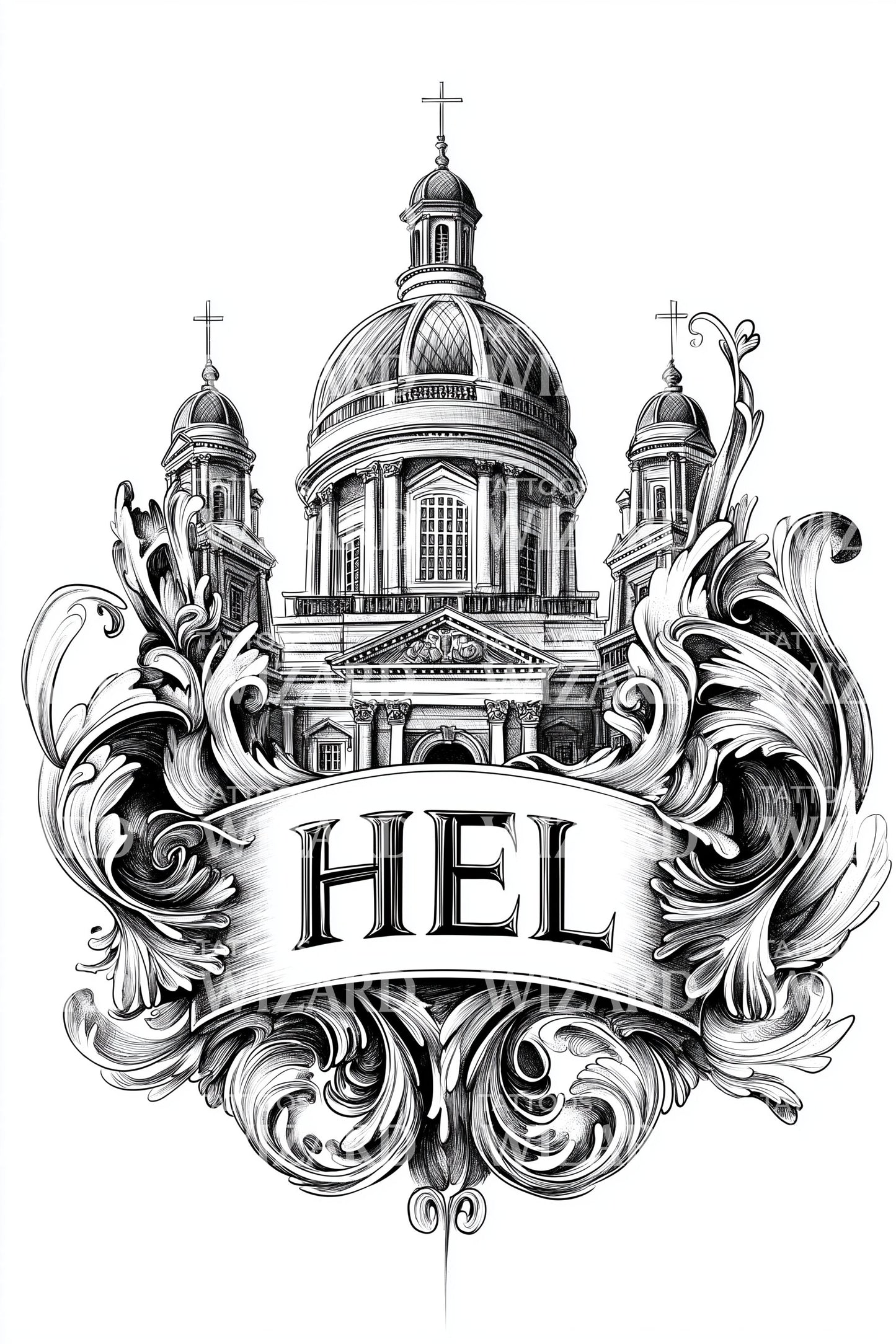 Helsinki HEL Baroque Tattoo Illustration