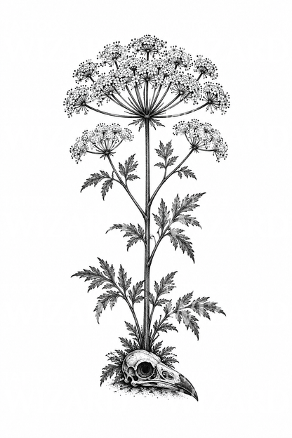 Desain Tato Tanaman Hemlock dengan Tengkorak Gagak Stipple