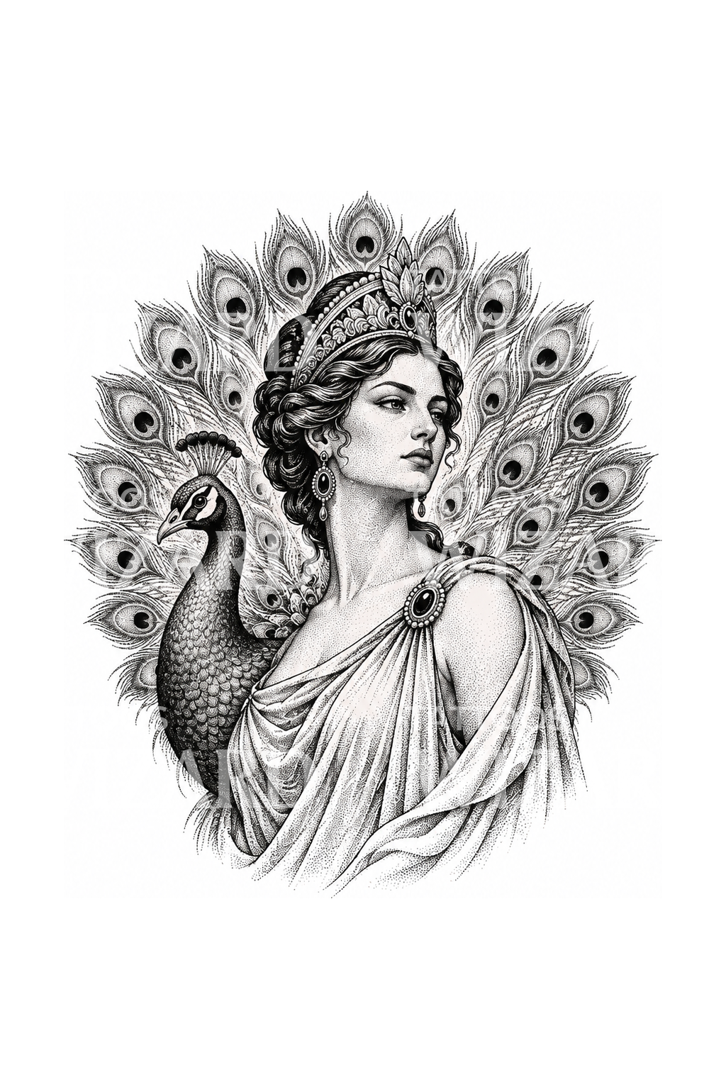 Tanrıların Kraliçesi Hera ve Tavus Kuşu Dotwork Dövmesi