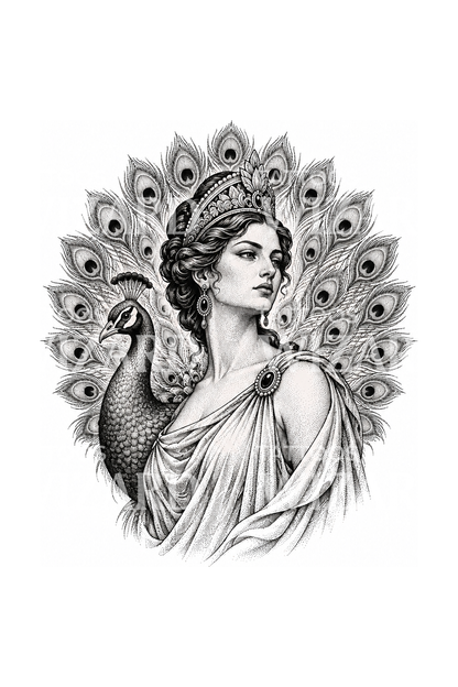 Tanrıların Kraliçesi Hera ve Tavus Kuşu Dotwork Dövmesi