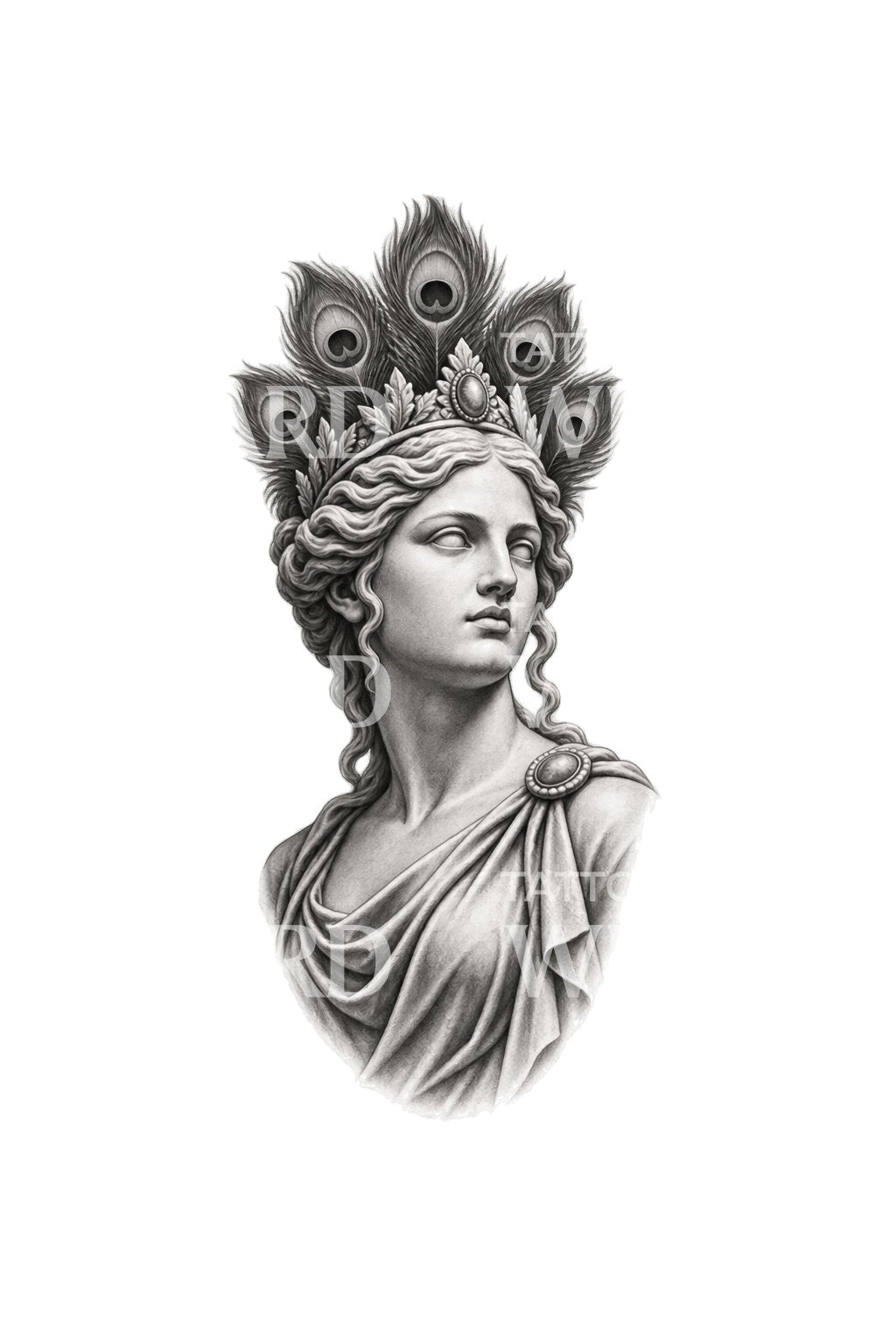 Disegno per tatuaggio della statua di Era con corona di piume di pavone