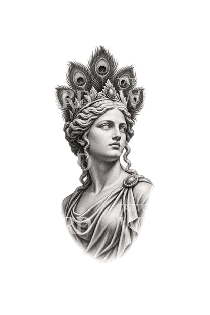 Disegno per tatuaggio della statua di Era con corona di piume di pavone