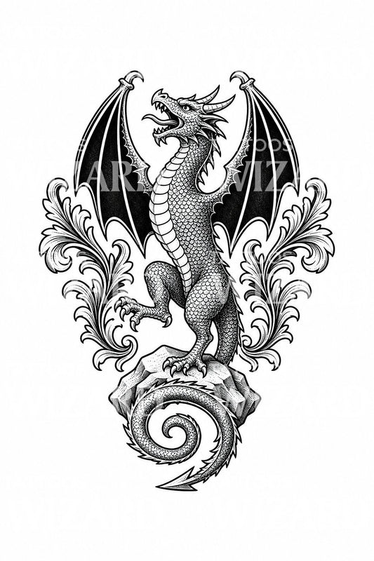 Design de tatouage wyverne héraldique rampante