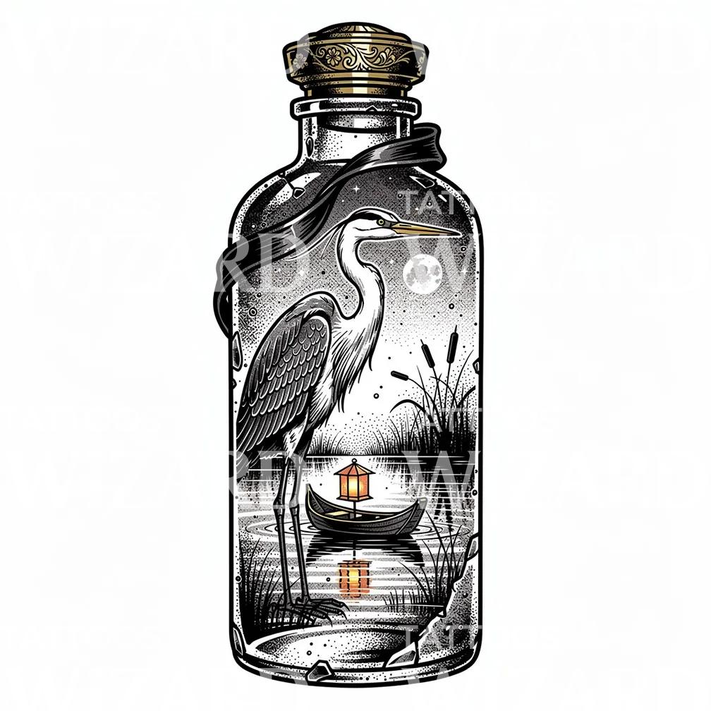 Heron in Bottle Tattoo Design