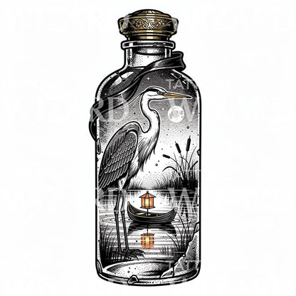 Heron in Bottle Tattoo Design
