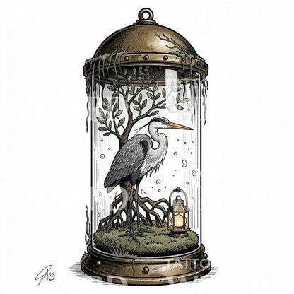 Heron Terrarium Lantern Tattoo Design